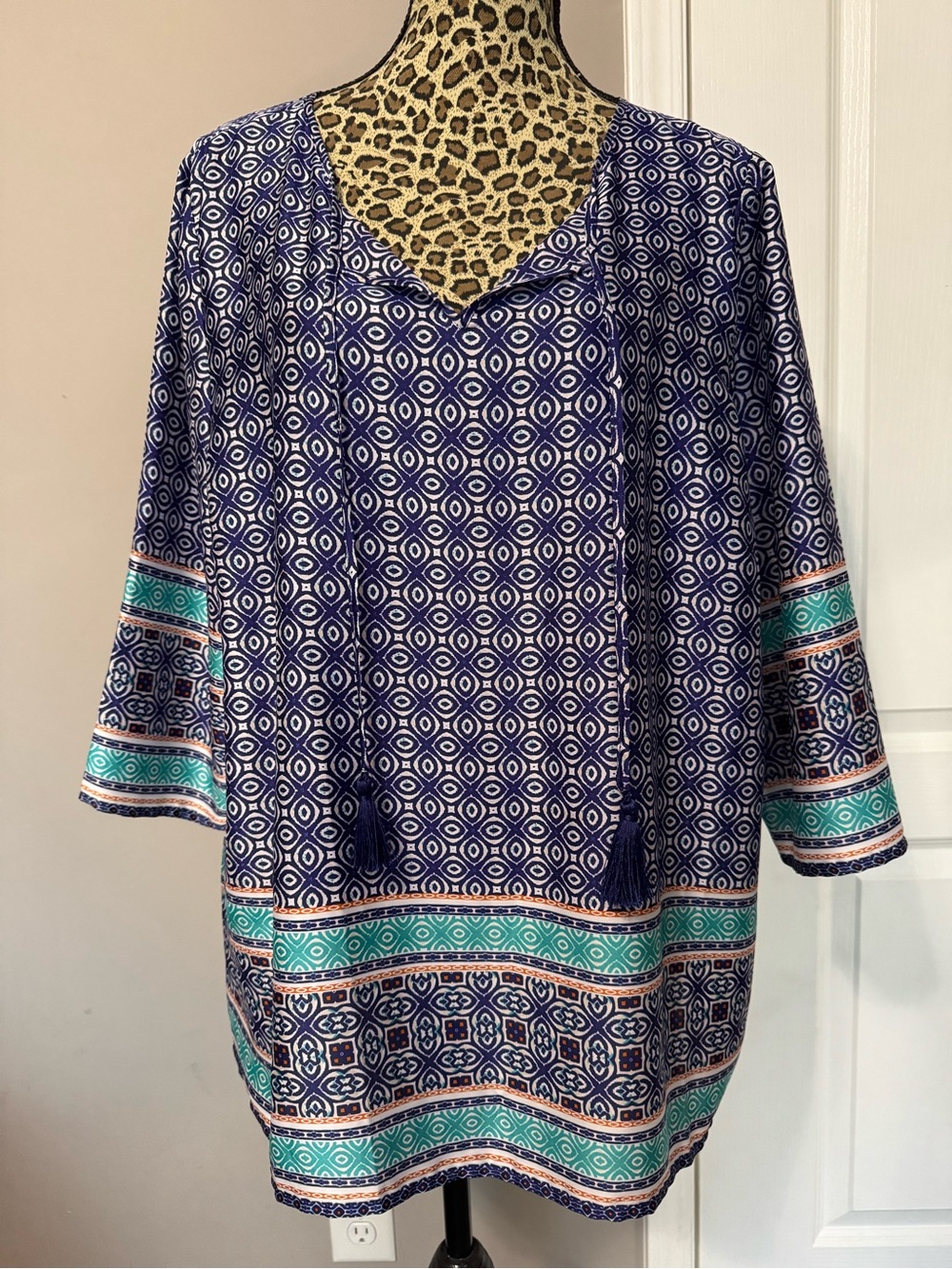 Chico's Navy & Teal Geometric V-Neck Tunic with Tassels